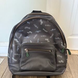Gray Leather Backpack with Car Print